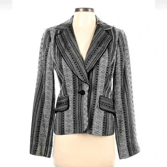Alberto Makali Black Grey Wool Blend Boho Velvet Trim Blazer Jacket Size 4 Small - Picture 1 of 7